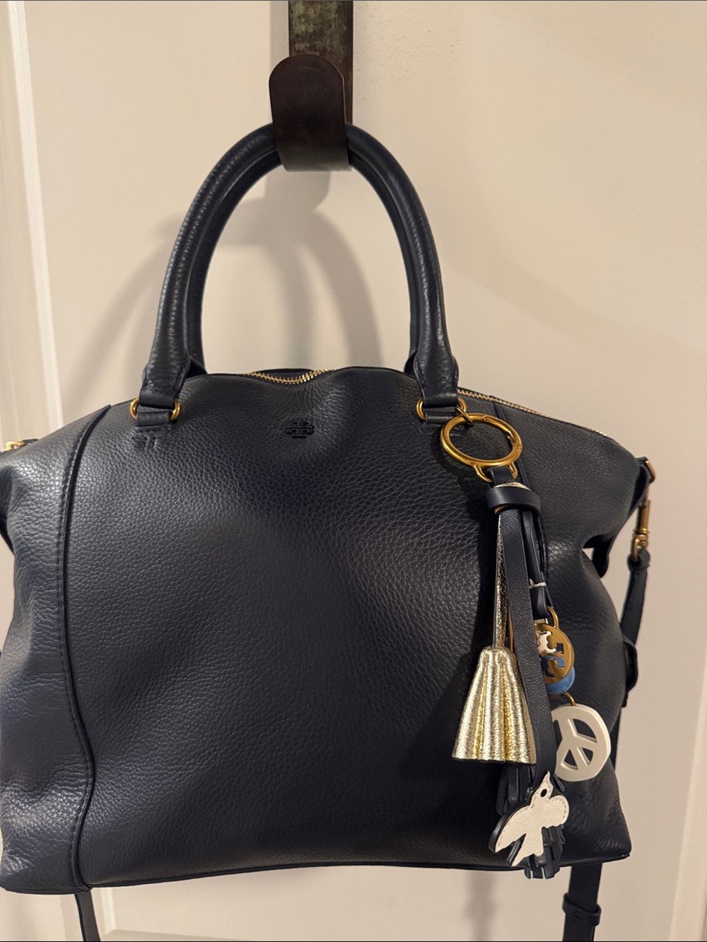 Tory Burch Navy Leather Satchel with Gold Tassel Charm